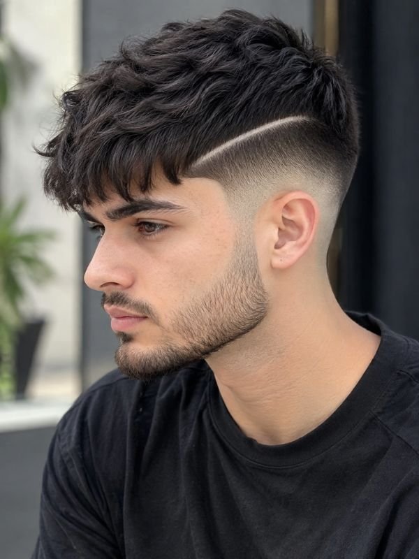 25. Low Taper Fade Fringe with Hard Part