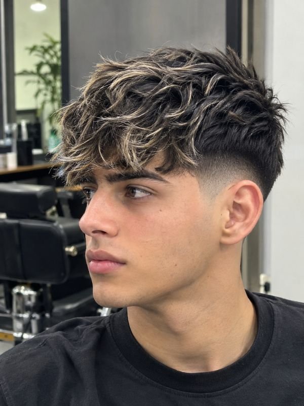 27. Low Taper Fade Fringe with Highlights