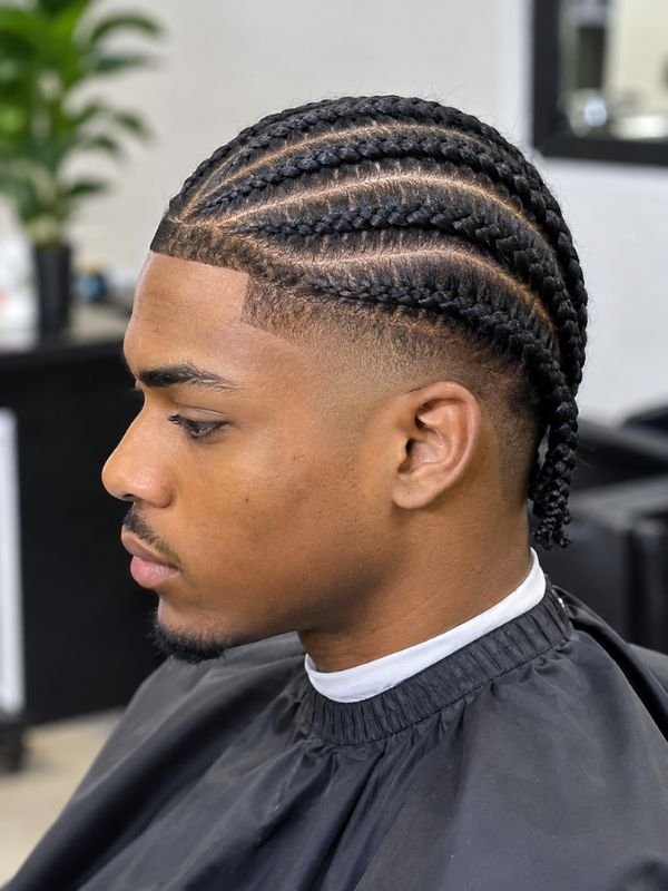 8. Low Taper Fade Black Cornrows