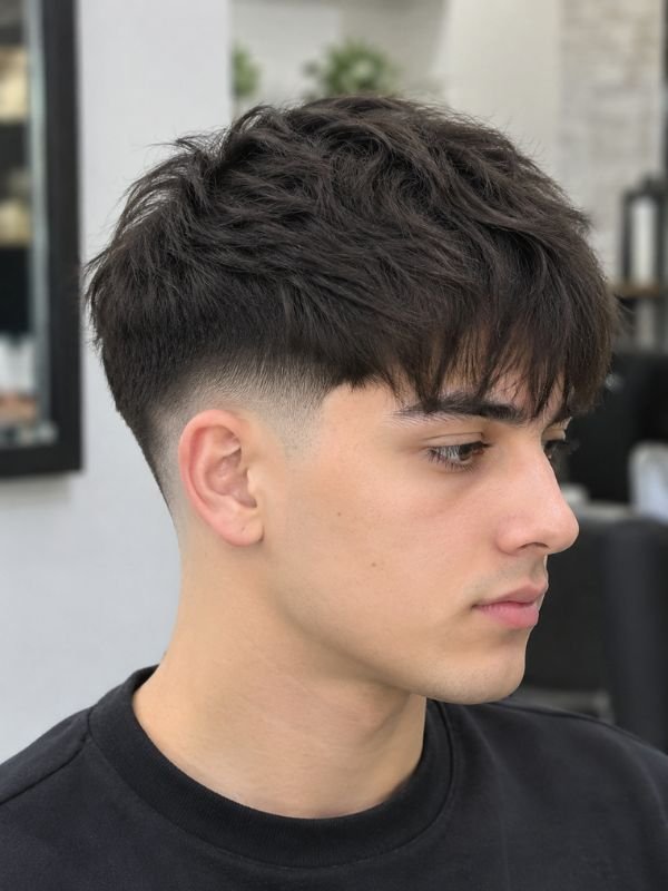 8. Low Taper Fade Thin Fringe