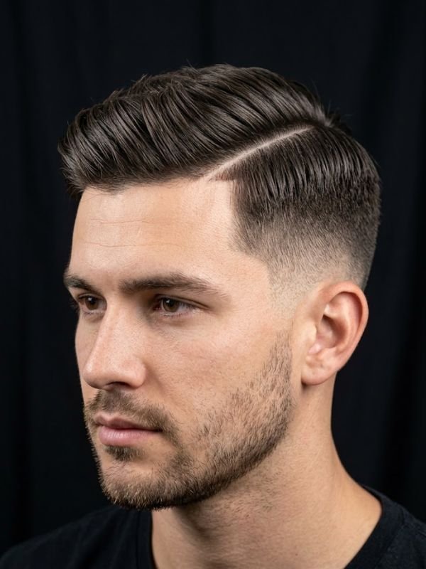 Low Taper Fade Side Part with Hard Part