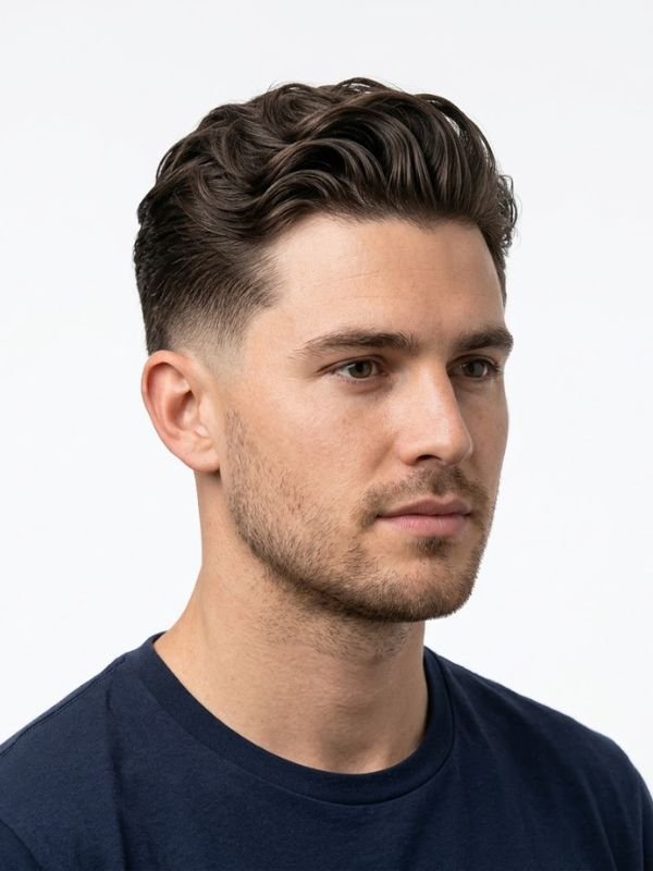 Low Taper Fade Slick Back for Wavy Hair