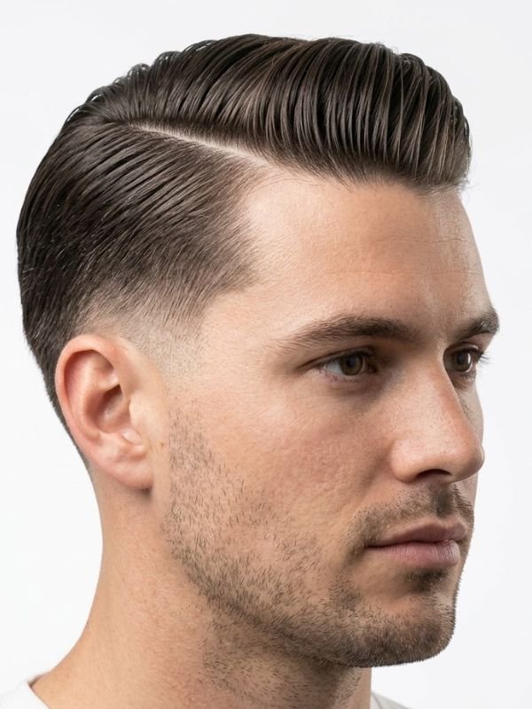 Low Taper Fade Slick Back with Hard Part