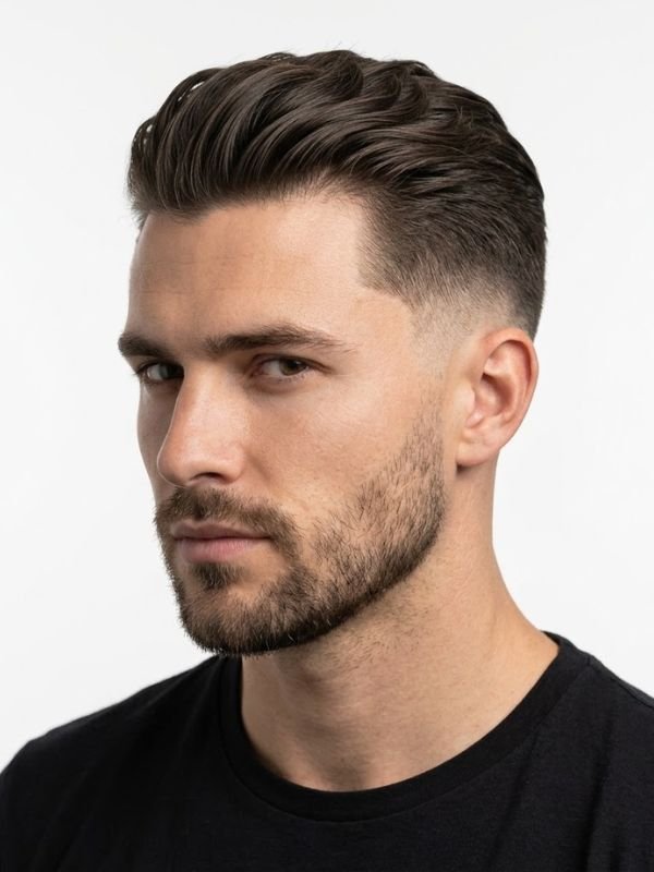 Low Taper Fade Slick Back with Textured Top