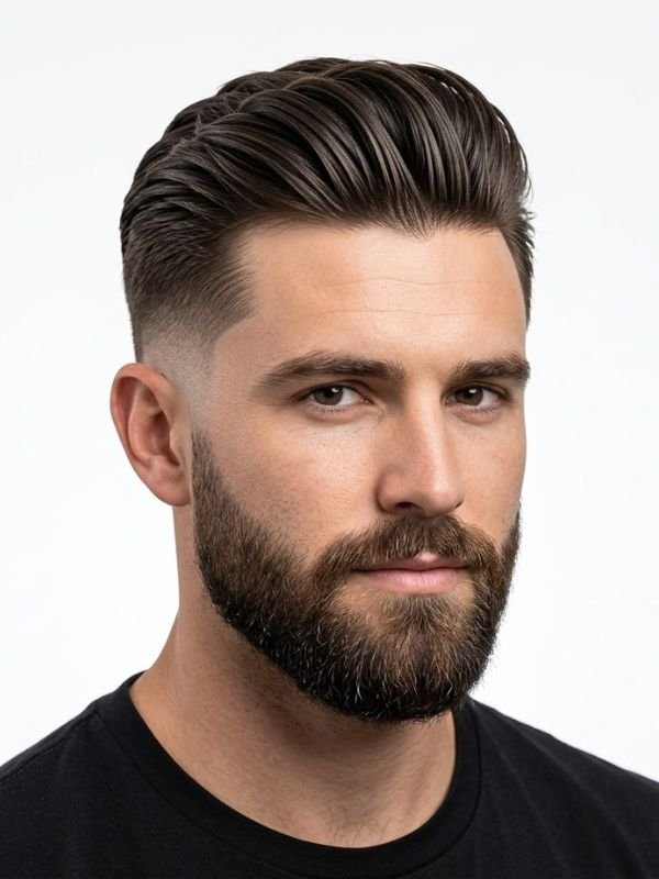 Slick Back with Low Taper Fade and Beard
